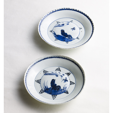 「No.44　古染付鶏文皿 五客　/　 A set of 5 plates, Underglazed blue」の写真　その1