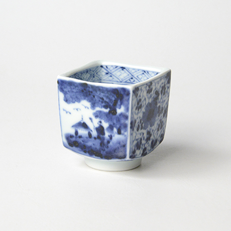 「No.58　山水花唐草文四方角ぐい吞 /   Sake cup with landscape and floral arabesque design, sometsuke」の写真　その1