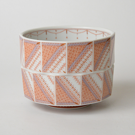 「33. 　見附正康　赤絵細描小紋面取茶碗　／　MITSUKE Masayasu　Chawan, Akae, Fine line pattern」の写真　その2